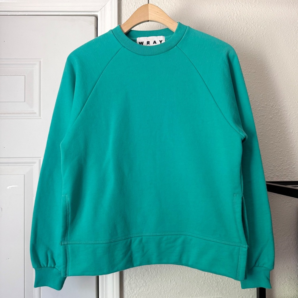 WRAY teal aqua crew neck pima cotton raglan boxy cropped pullover sweater
